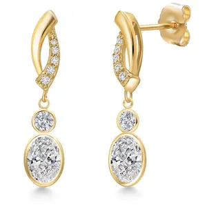 Gem Stone King 14K Yellow Gold DEF Lab Grown Diamond and Lab Grown Diamond Dangle Earrings for Women | 1.72 Cttw | Gemstone April Birthstone | Oval 7X5MM