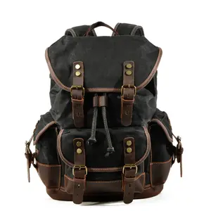 Men's 22L Genuine Leather-Waxed Fabric Travel Backpack, Durable Hiking Rucksack with Shoulder Strap, Drawstring Lock, Tactical Accessories, Ideal for Travel Traveling Bag hackysack backpack backpacks for men backpacks for women backpacks backpack