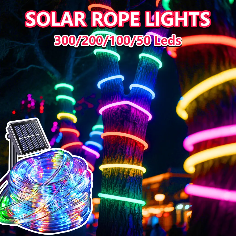 Solar Rope Lights, 66/33ft 200/100LED Solar String Lights, 8 Modes, Waterproof | Solar Outdoor Light, Flexible Clear Trampoline Light for Garden Backyard Patio Deck Porch Pool Tree Decorations - Warm White， fairy string light
