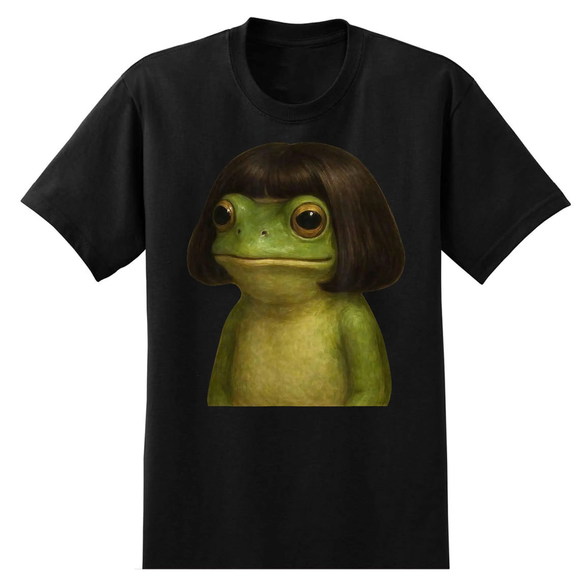 Funny Frog Girl Bob Hair Meme Art T-Shirt Casual Cotton Crewneck ShortSleeve TShirt