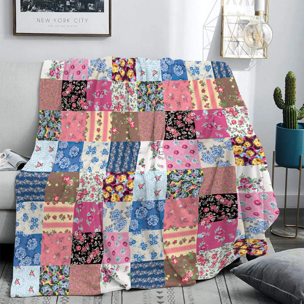 Floral Patchwork Pattern Throw Blanket, Soft Warm Lightweight Throw Blanket, Cozy Blanket, Floral Print Blanket, Air-conditioned Room Blanket, Warm Nap Blanket for Home Office Travel, Knitted Throw Blanket, Soft Throws Blanket, Soft Blankets