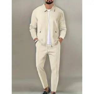 Sporty Two-piece Set Men's Plain Zip Up Jacket & Drawstring Waist Pants Tracksuit Set, Men's Sportswear for Gym Workout Running, Casual Gym Wear, Tracksuit Outfit