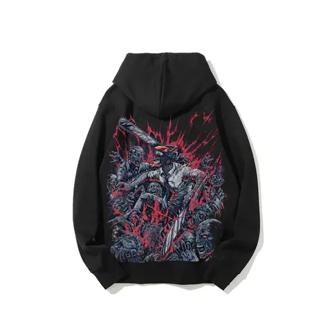 *Chainsaw Man* depicting the protagonist Denji transforming into Chainsaw Man and battling a zombie devil and the zombies it summoned-Long Sleeve Cotton Unisex Vintage Hoodie
