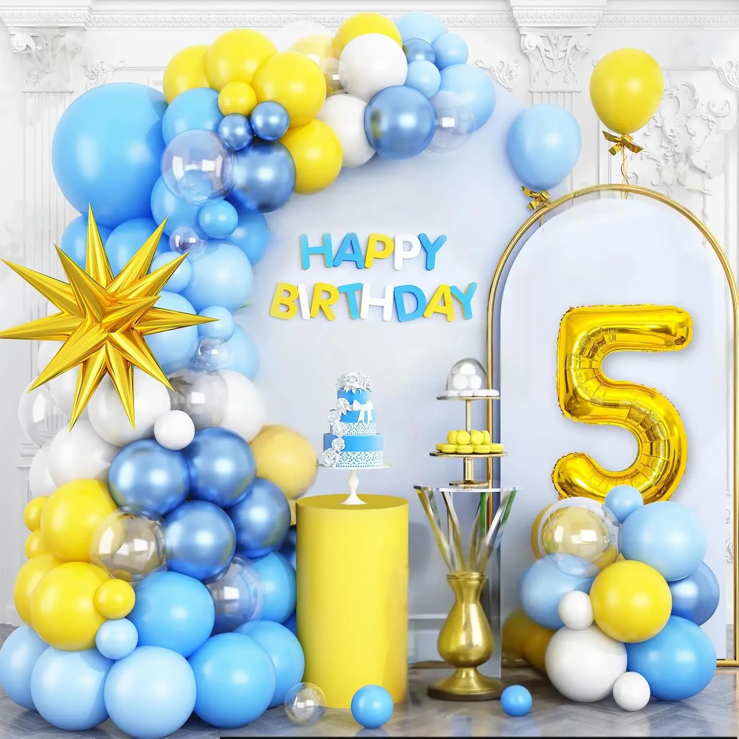 5th Birthday Balloon Arch Kit Yellow, Blue, White, Gold Star & Number 5 for Kids' Party Decor