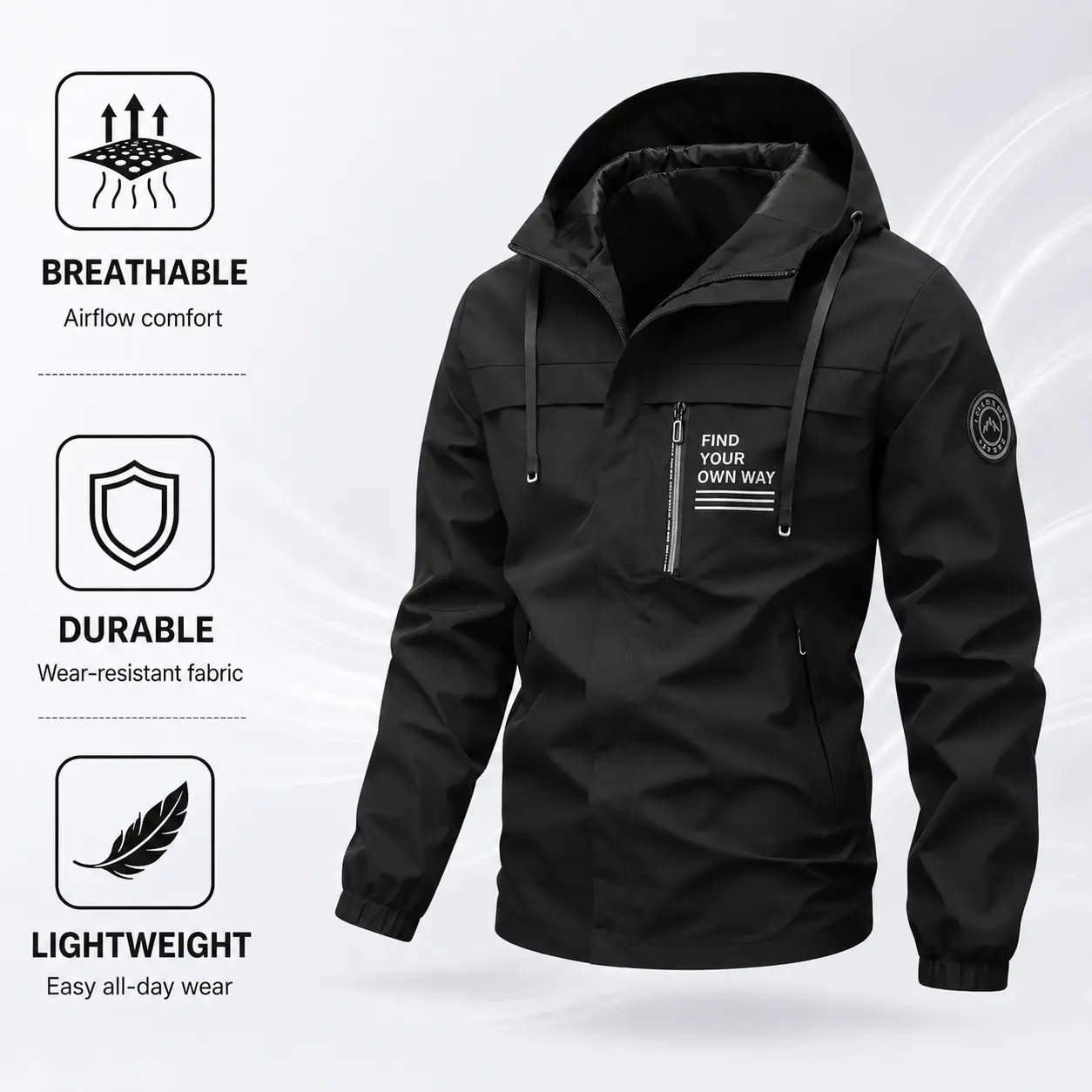 Men's Oversized 3-Layer Outdoor Hooded Fleece-Lined Coat - Windproof, Waterproof, Elastic Cuffs, Machine Washable Field Jacket for Hiking, Camping, Size S, Biking, Sports Outdoor Outerwear