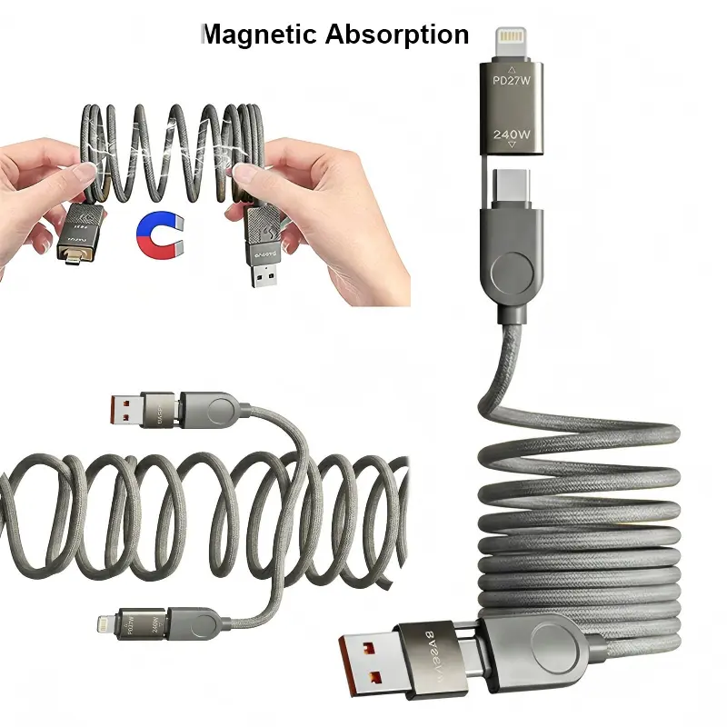 240W Super Fast Charging 4-in-1 Magnetic Braided Silicone Data Sync Cable - Lightning Cable Adapter for iPhone 15/16, Type-C Charging for Smartphone/Cellphone/Mobile Device, Compatible with Energy Storage & Outdoor Electronics