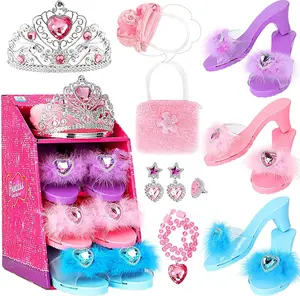 Princess Dress Up Shoes Pretend Play Jewelry Toys Set 3 Pairs of Shoes with Tiara Earrings Necklaces Ring Role Play Set for Little Girls Aged 3-6 Years Old