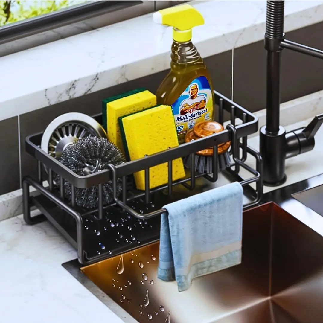 Kitchen Sink Rack,Kitchen Sponge Rack,Countertop Soap Dish Rack,Drying Rack with Rag Hook,Rustproof 304 Stainless Steel Kitchen Gadgets Sink Accessories (Black)