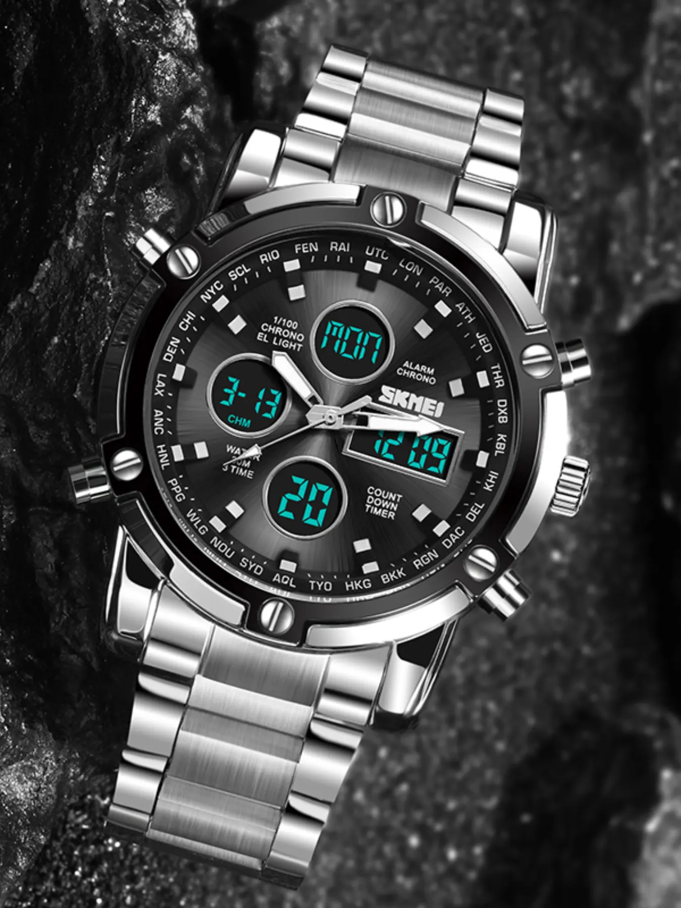 Multifunctional Business Watch, Glossy Silver Color Round Case, Dial Triple Eye Dual Display, Waterproof Steel Band, Unique Design, Quartz Analog Wristwatch, Quartz Watches