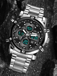 Multifunctional Business Watch, Glossy Silver Color Round Case, Dial Triple Eye Dual Display, Waterproof Steel Band, Unique Design, Quartz Analog Watch