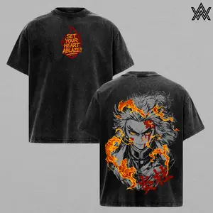 Kyojuro Rengoku Tee Washed – Demon Slayer Washed Anime Manga T-Shirt, Vintage Washed Flame Hashira Spirit Graphic Tee, Unisex Oversized Streetwear Shirt, Blazing Sword Anime Aesthetic Tee, Gift for Demon Slayer Fans