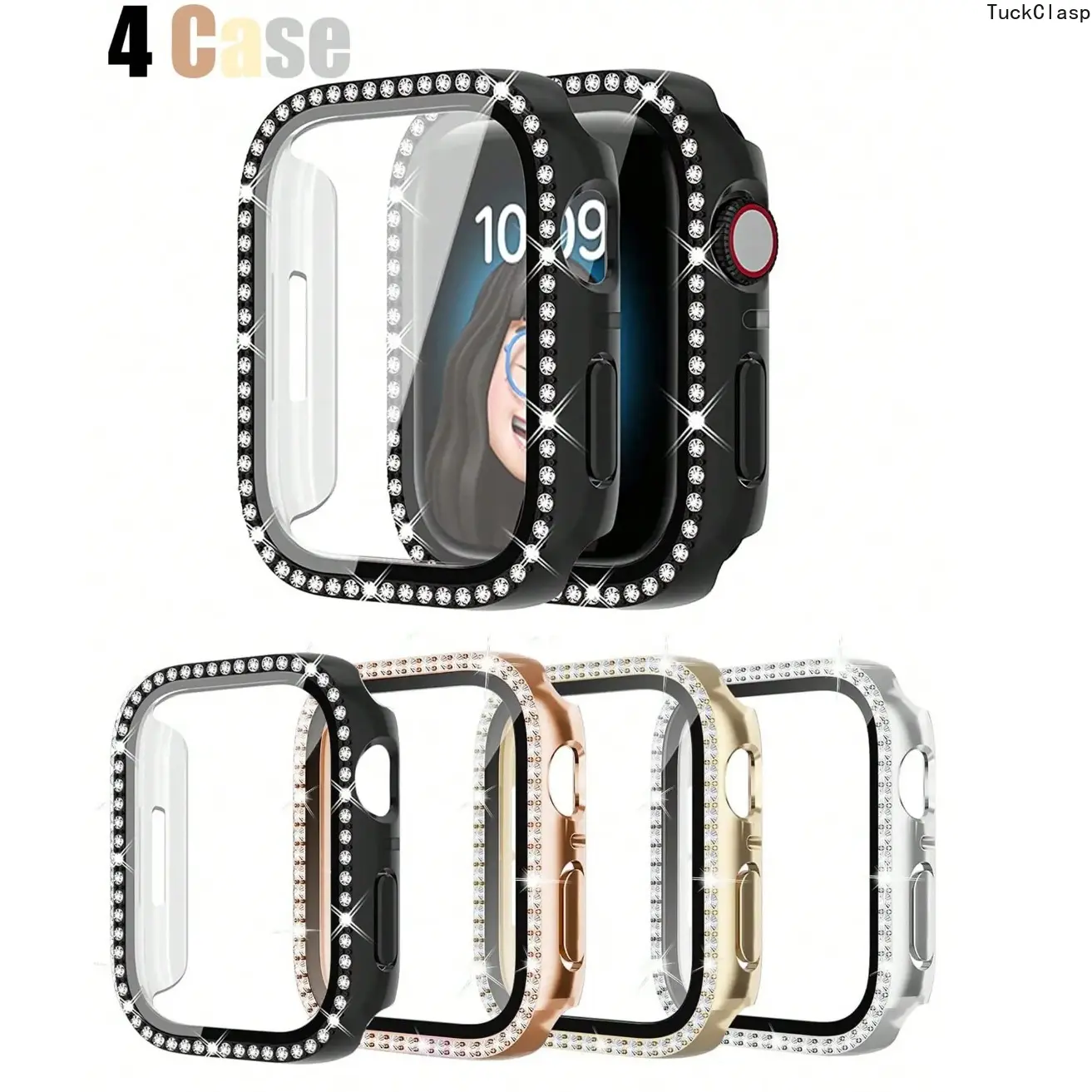 4-Pack Sparkling Diamond Decorative Band & PC Case Set for Apple Watch – Shockproof & Scratch Resistant, Fits Series 3–11/SE/Ultra (38–49mm), Great for Summer Rotation