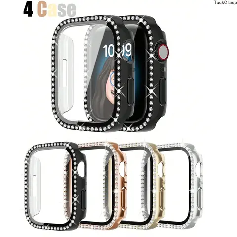 4-Pack Sparkling Diamond Decorative Band & PC Case Set for Apple Watch – Shockproof & Scratch Resistant, Fits Series 3–11/SE/Ultra (38–49mm), Great for Summer Rotation