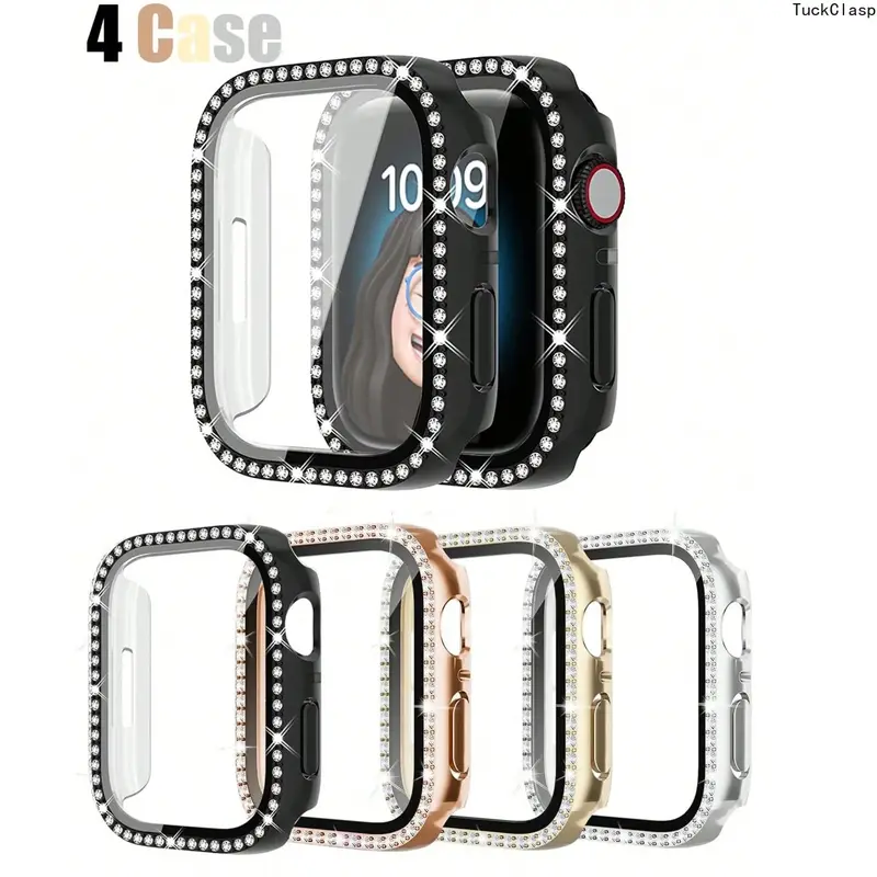 4-Pack Sparkling Diamond Decorative Band & PC Case Set for Apple Watch – Shockproof & Scratch Resistant, Fits Series 3–11/SE/Ultra (38–49mm), Great for Summer Rotation