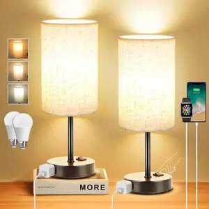 Bedroom table lamp set (2 pieces), bedside small table lamp with three-level dimmable rocker switch and AC power socket, bedside counter lamp with linen lampshade and black base, suitable for living room home decoration lighting