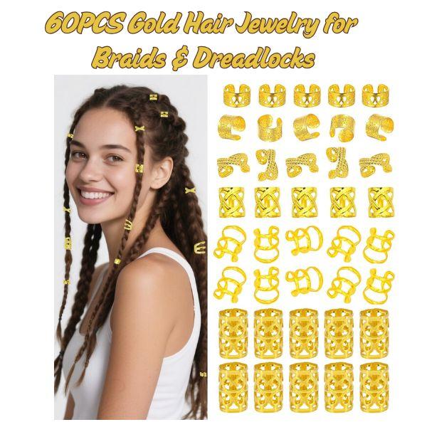CHRISTMAS GIFT 60PCS Gold Hair Jewelry for Braids & Dreadlocks – Adjustable Hair Cuffs, Braid Rings & Loc Charms for Women’s Hair Accessories & Styling