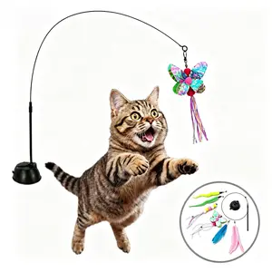 6-in-1 Hands-Free Cat Wand Toy - Dual-Fix Suction Cup & Adhesive Base for Smooth Surfaces, 6 Interchangeable Bird Feather & Insect Attachments for Cat Self-Play