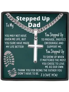 To My Stepped Up Dad Cuban Chain Cross Chain Design Cross Pendant Necklace with Box and Card, Birthday Christmas Father's Day Gift