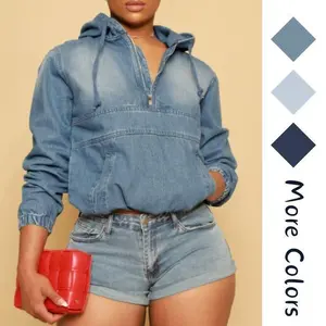 Women's Half Zip Denim Hoodie Pullover Jacket Jean Topsgift5