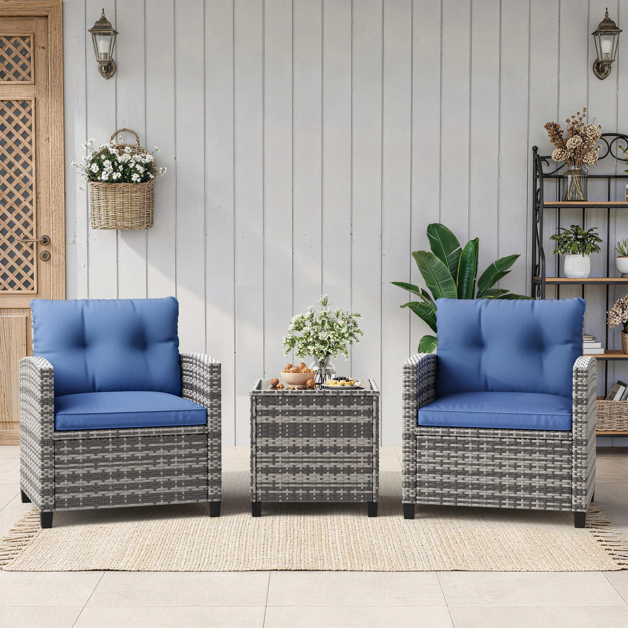 GARVEE 3-Piece Patio Furniture Sets, Outdoor PE Rattan Wicker Conversation Chairs with Tempered Glass Side Table, Removable Grey+Navy Cushions for Balcony, Porch