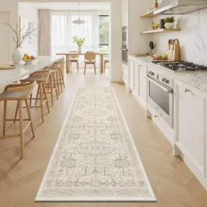 2x6 Hallway Washable Runner Rug - Soft Non Slip Vintage Rugs for Entryway Low-Pile Farmhouse Neutral Kitchen Runners Living Room Floor Mat Stain Resistant.