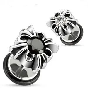 Pair of Fake Cheater Plugs for Ears Steel Gothic Black or Clear Gem 0g Look Gauges