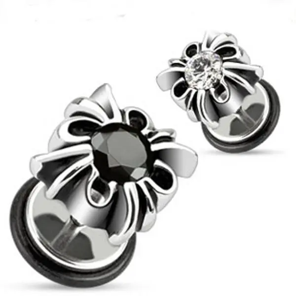 Pair of Fake Cheater Plugs for Ears Steel Gothic Black or Clear Gem 0g Look Gauges