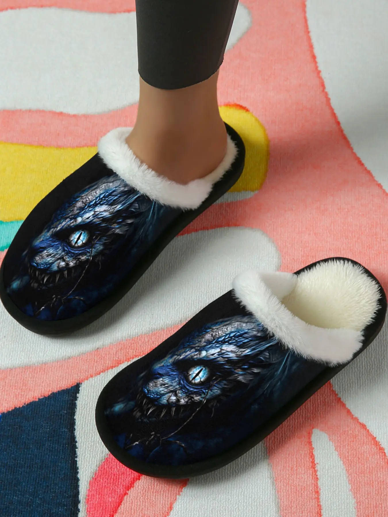 Mythical Dragon Head Slippers 1 Pair | Legendary Creature Style with Realistic Blue Dragon Head Vivid Eyes Print | Plush White Cloud Fur Trim Warm Anti Slip Sole | Trendy Home Statement Wear Fantasy Lover Gift Gaming Room Decor