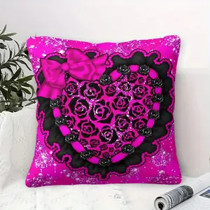 Gothic Romantic Y2K-Style Throw Pillow featuring a Stunning Heart Design, Digital Print on Soft Fabric, Hot Neon Pink Background with Glitter, Perfect for Bold Bedroom Decor and Cozy Sofa Accents, 45cm Square with Inner Cushion