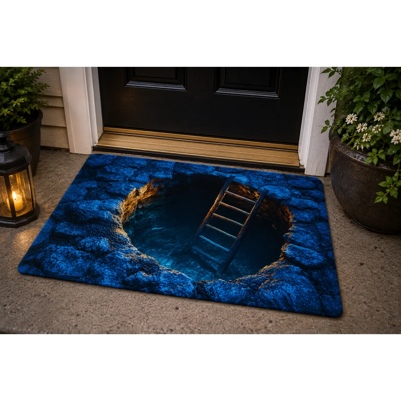 Blue 3D Optical Illusion Ladder Doormat, Deep Hole Effect Decorative Entryway Mat for Home