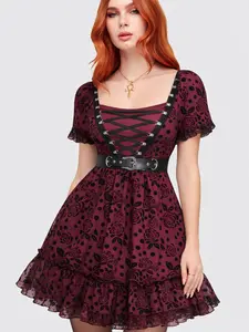 Rgothic Gothic Rose Print Lace Up Dress for Women – Burgundy Vintage Belted Ruffle Hem A Line Party Dress,Women’s Gothic Floral Lace Up Dress  Dark Feminine Rose Print Dress