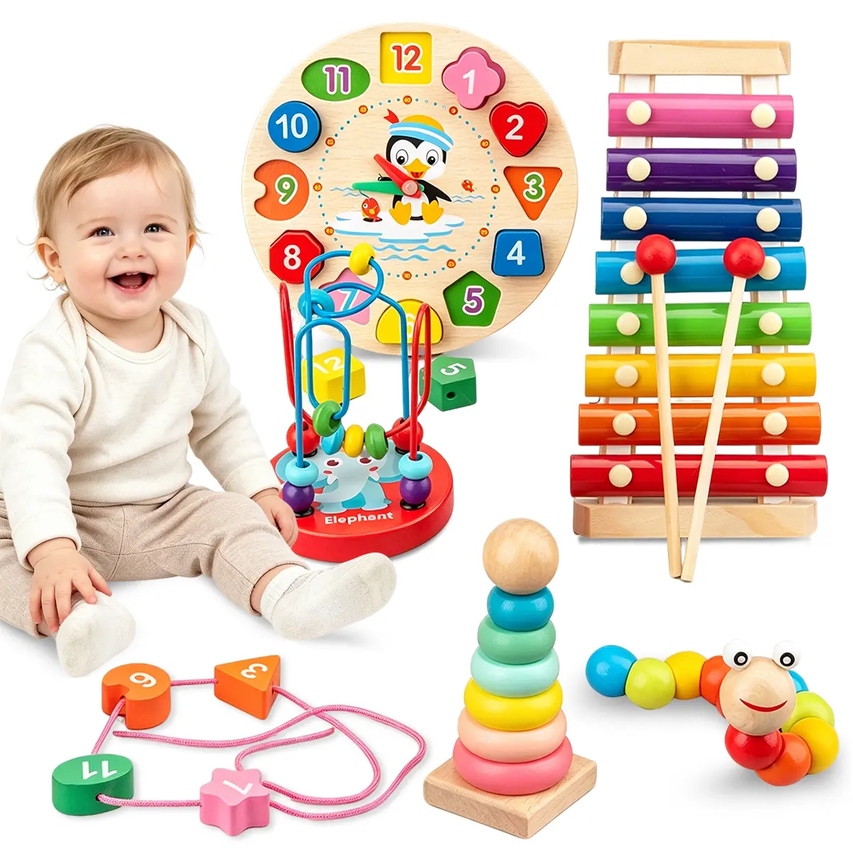 5-in-1 Wooden Montessori Busy Board - Preschool Educational Developmental Toy, 1-Year-Old Boys & Girls First Birthday Gift