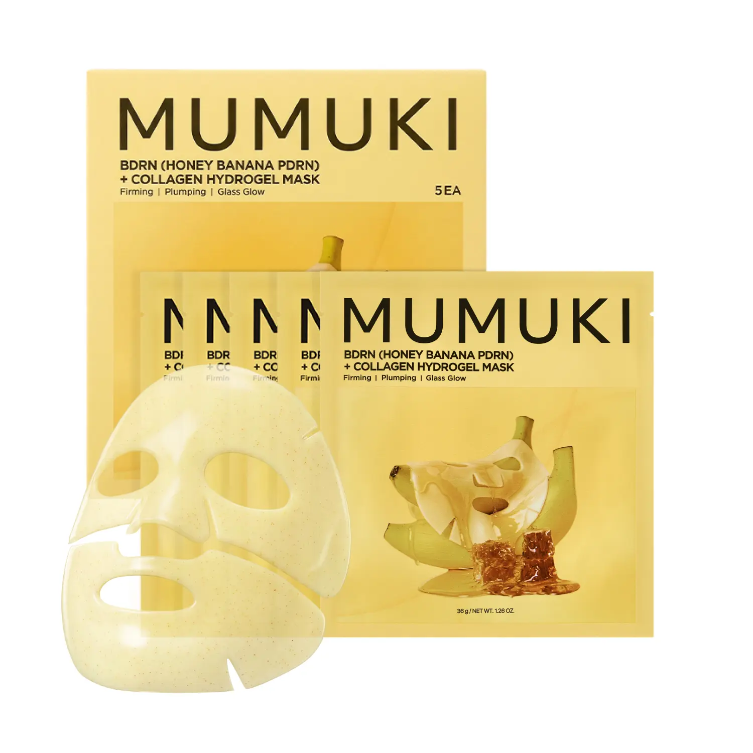 [MUMUKI] Honey Banana BDRN Hydrogel Overnight Face Mask - Brightens, Firms, Repairs Skin with Plant PDRN+Collagen, Vitamin C - Korean Skincare, 36g x 5pcs