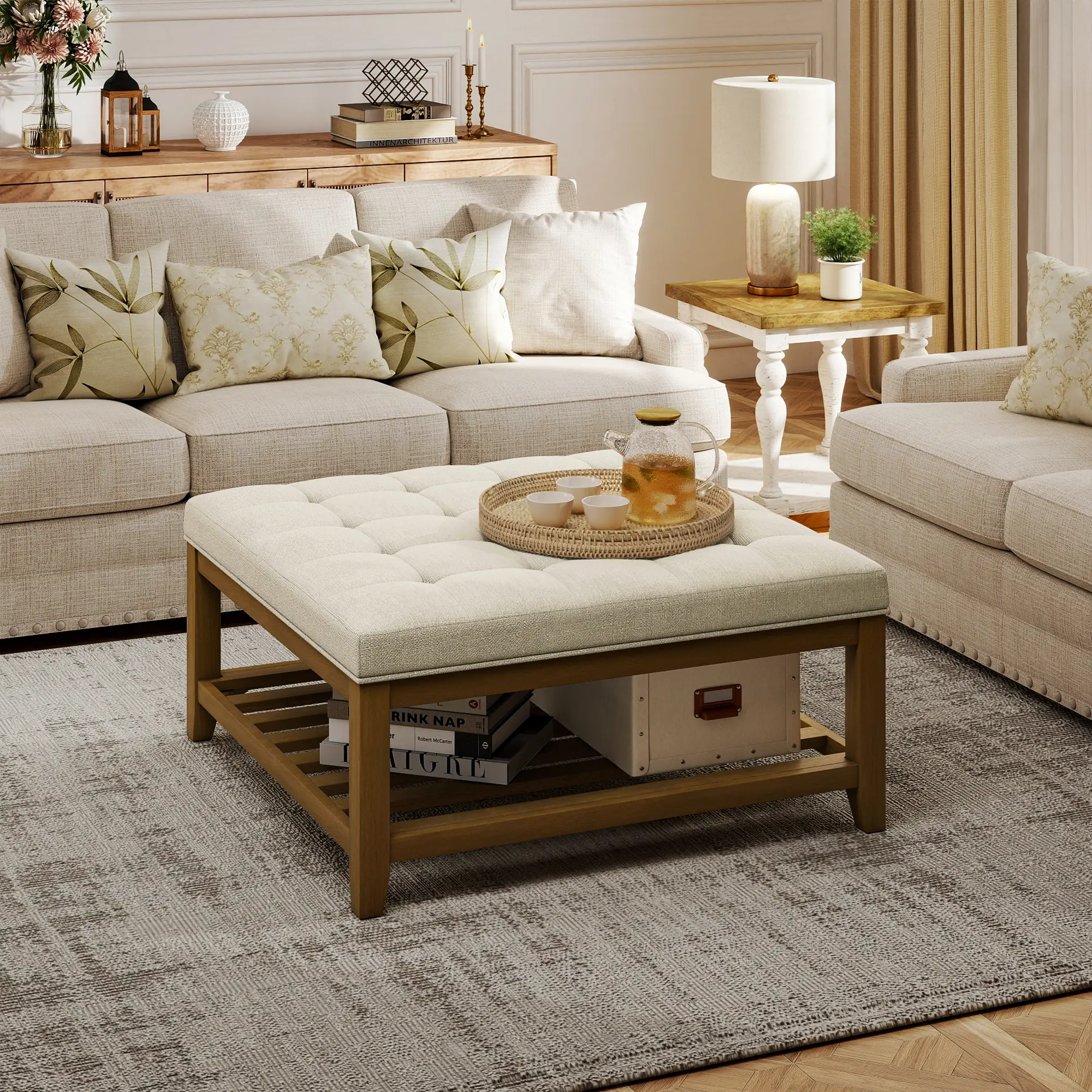 Large Square Ottoman Coffee Table, Linen Solid Upholstered Footrest Ottoman with Solid Wood Shelf Storage Tufted Coffee Table for Bedroom Living Room