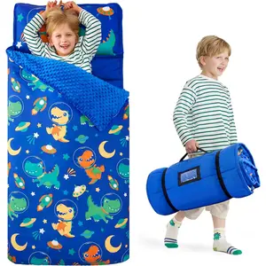 Toddler Sleeping Bag for Kids 55''x30'' Nap Mat with Removable Pillow and Blanket for Toddler Ages 3-7 Roll Up Soft Kids Sleeping Bag for Boys Girls Kindergarten Daycare Sleepover
