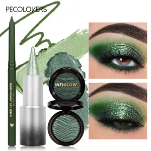3pcs/set  Green Eye Makeup Set, Green Eyeliner Pencil + Pointed Eyeshadow Stick + Green Single Eyeshadow Palette, Waterproof Long-Lasting Smudge-Proof, Natural Green Look