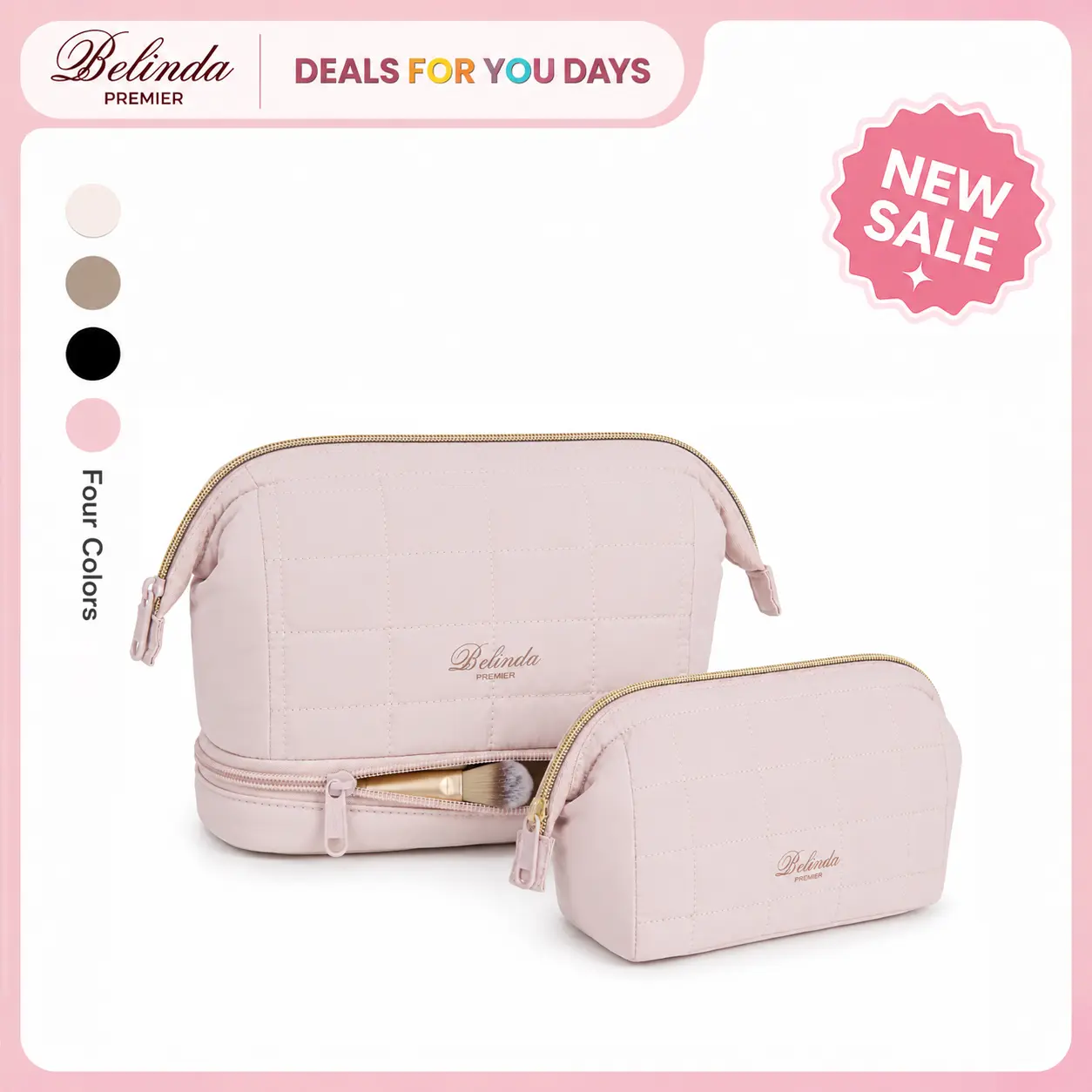 BELINDA Women's Quilted Nylon Puffy Padded Casual Makeup Bag - 2-Size Zip Organizer with Waterproof Leakproof Shell, 1 PVC-Lined Pocket, Wide-Open Case for Family Toiletries, Accessories, Brushes