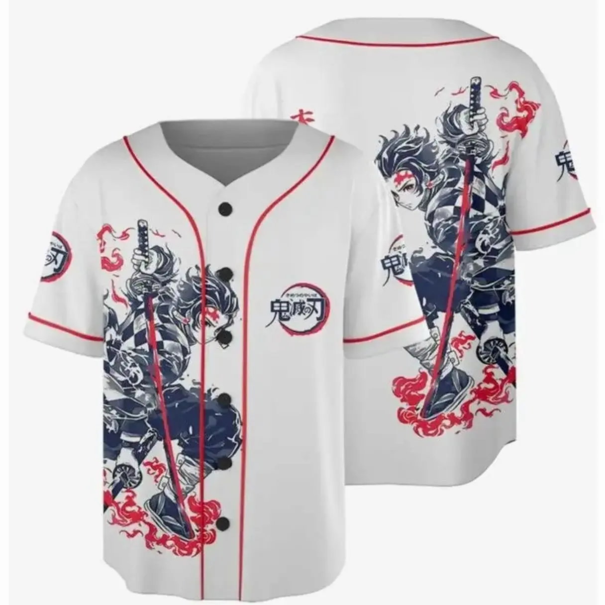 AniBase Club Demon Slayer Baseball Jersey Tanjiro Nezuko Fan Sport Jersey Premium All-Over Print 100% Polyester Warp Knitted Fabric XS-5XL Unisex Fit SHC