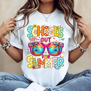 Schools Out For Summer Sunglasses Beach Scene Print T Shirt Women Casual Short Sleeve Top Summer Vacation Theme Graphic Tee
