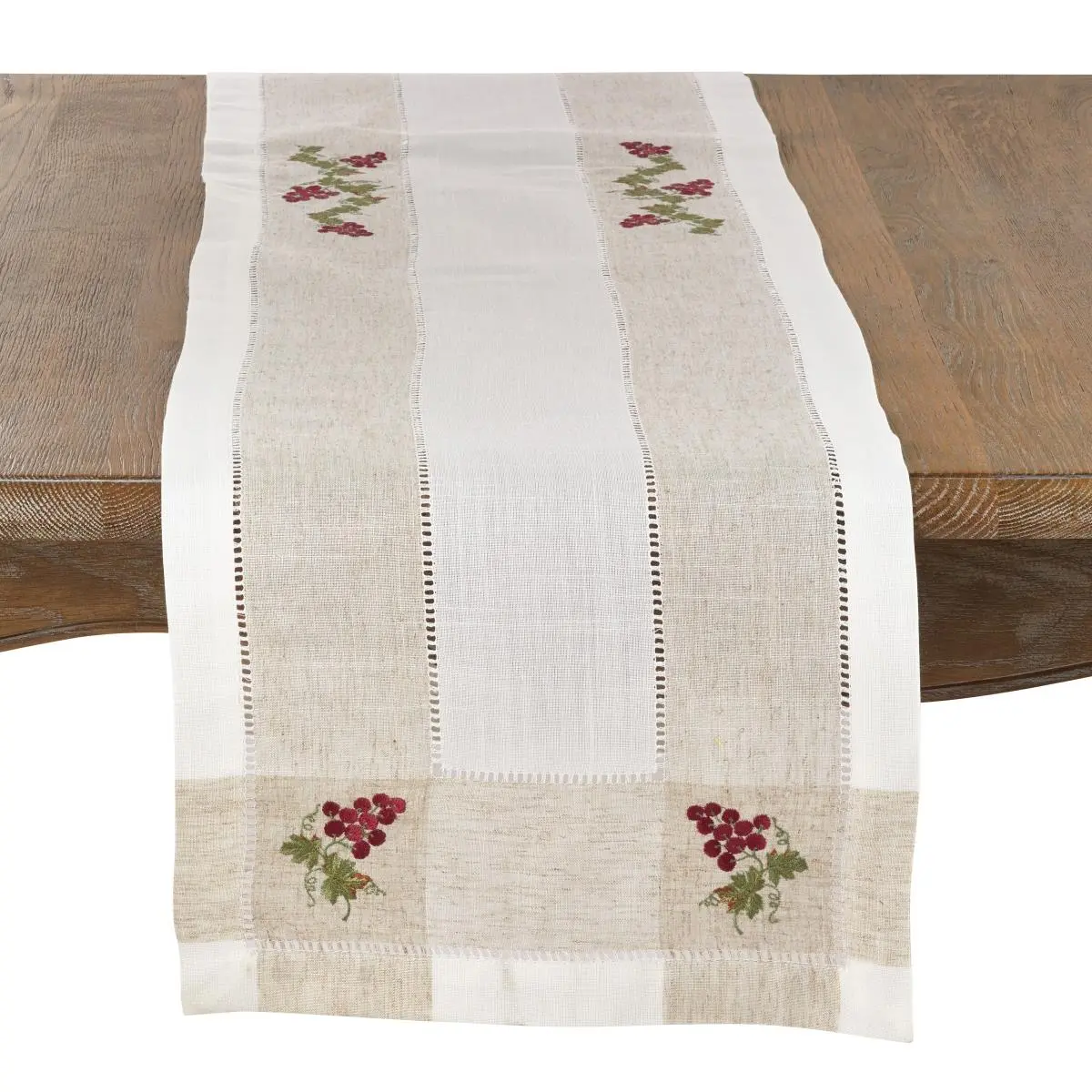 SARO 2230.I1570B Embroidered Table Runner with Grape Hemstitch Design - Ivory