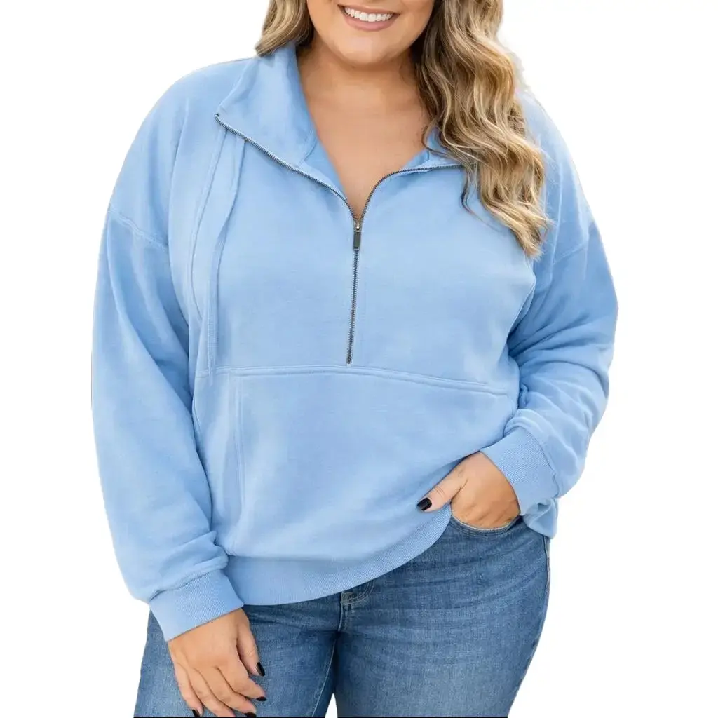 Women's Plus Size Casual Half-Zip Pullover, Oversized Stretchy Sweatshirt with Drawstring Collar, Sporty Top with Kangaroo Pocket and Ribbed Cuffs, Hoodie, Piece, Fashion, Gym, Fit, Longsleeves, Pullover Hoodie, Fabric, Basic, Half Zip Sweatshirt