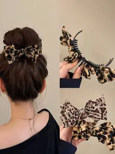 1/2pcs Leopard Print Bow Hair Claw, Leopard Bow Design, Leopard Print Bow Hair Clip, Polyester & Spandex Bowknot Hair Clip, Double-Layer Big Bow Hair Clip, Fabric Hair Claw, Barrettes