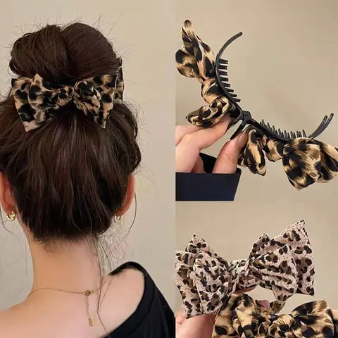 1/2pcs Leopard Print Bow Hair Claw, Leopard Bow Design, Leopard Print Bow Hair Clip, Polyester & Spandex Bowknot Hair Clip, Double-Layer Big Bow Hair Clip, Fabric Hair Claw, Barrettes, Hair Claw Clips, Clips For Hair