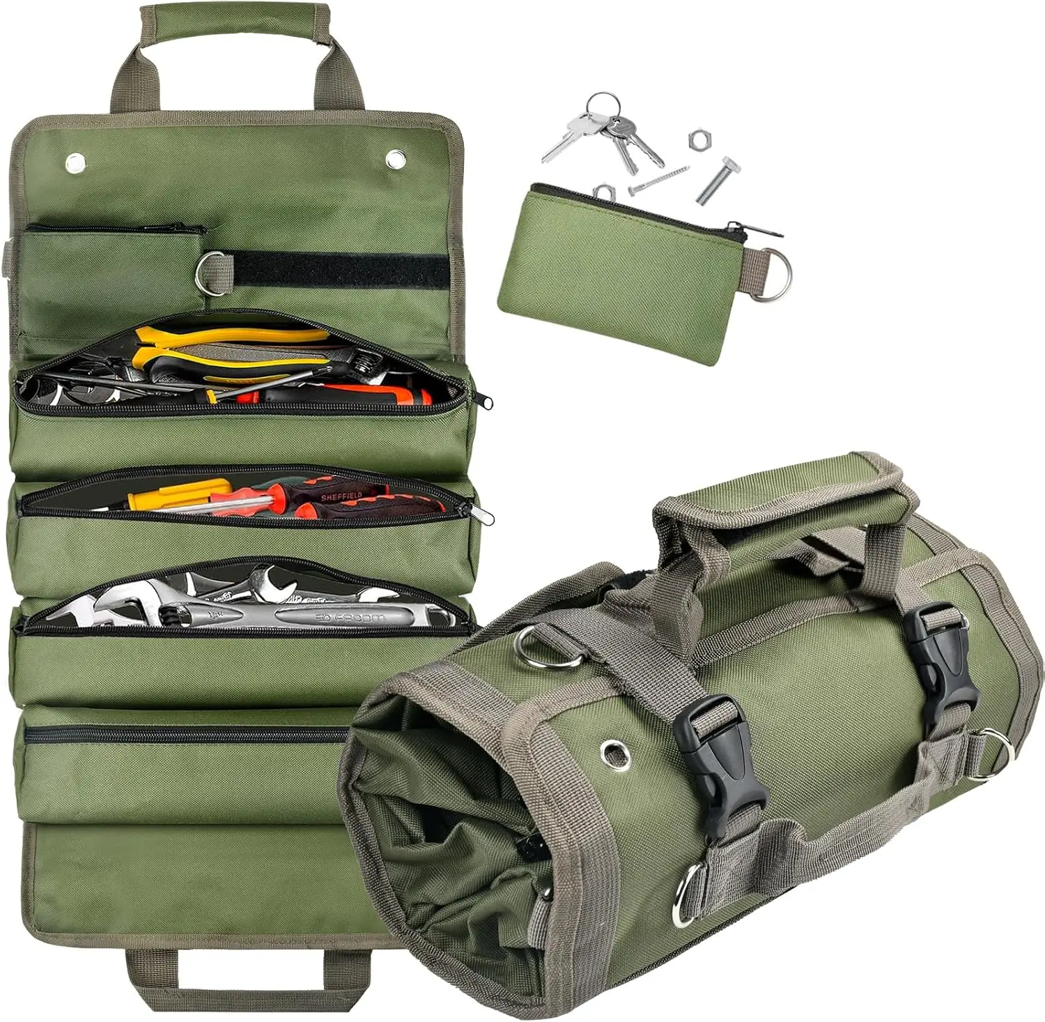 Portable Roll Up Tool Organizer Bag, Roll Tool Bag for Electricians & Mechanics, Heavy Duty Motorcycle Tool Roll Bag Organizer, Waterproof Oxford Cloth, Portable Rollup Toolbag Detachable Pouches - Tools Bags Mens gifts for Him