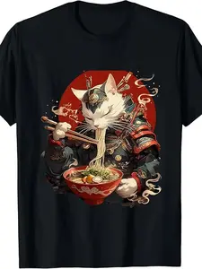Japanese Ukiyo-e Anime Samurai Cat & Ninja T-Shirt - Retro Manga Ramen Bowl Print, 220GSM Pure Cotton Unisex Round Neck Tee for Men & Women, Casual Wear for & Japanese Art Lovers