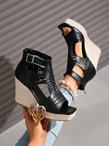 Women's Hollow Out Buckle Wedge Sandals, Back Zipper Pointed Toe High Heels, Sexy Casual Classy Textile Shoes, Less Than Ankle Height