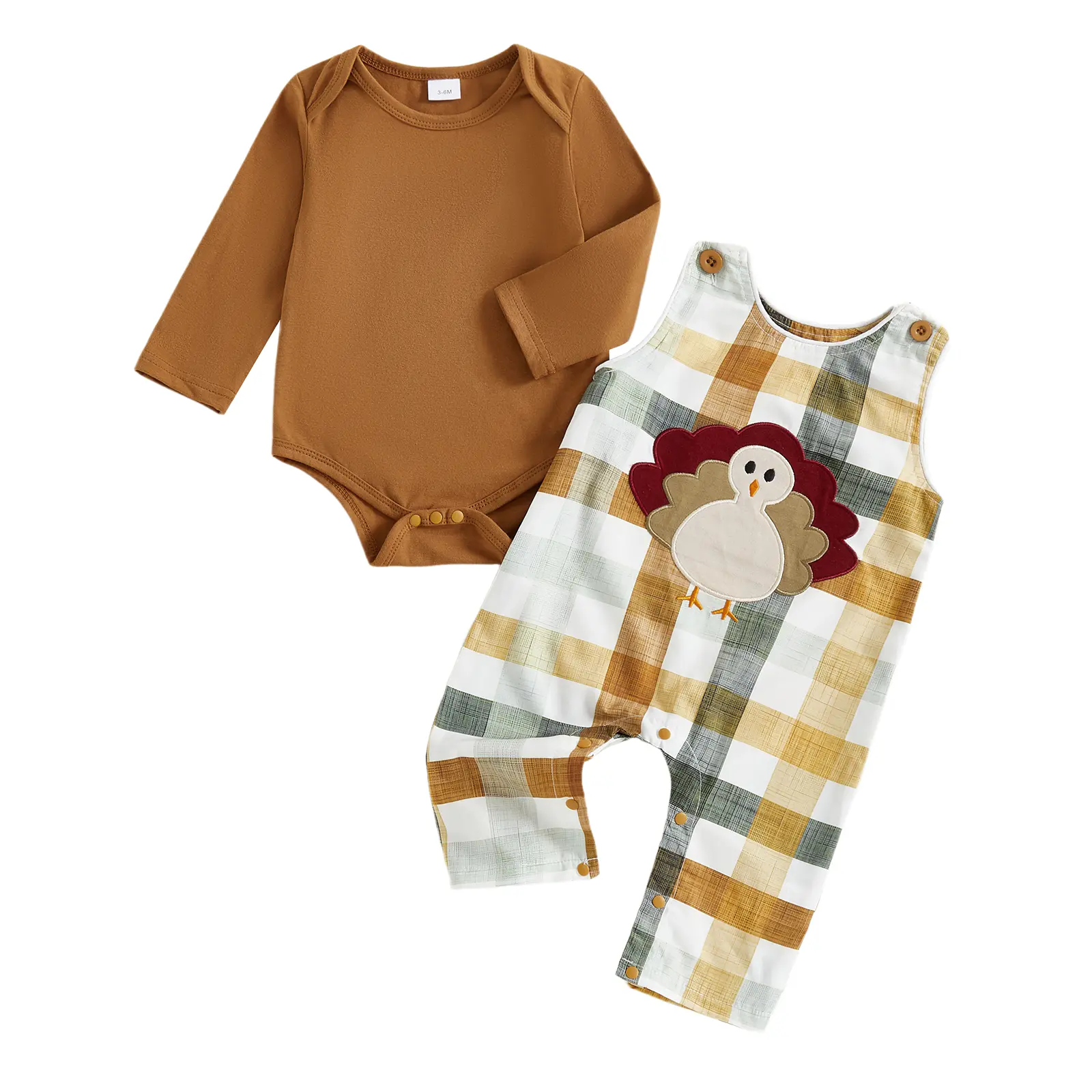 Baby Boy 2-Piece Fall Clothing Set, Viscose Long-Sleeve Romper with Thanksgiving Turkey Embroidery & Overalls, for 0-3 Months/0-3m