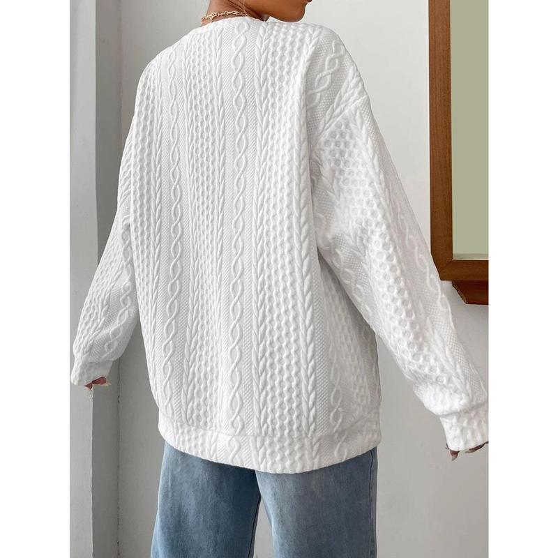 SCACTO Women's Cable Knit Oversized Sweater - White Textured Pullover with Ribbed Details, Casual Boho Chic Top Crewneck Fabric SCACTO Women's Cable Knit Oversized Sweater - White Textured Pullover with Ribbed Details, Casual Boho Chic Top Crewneck Fabric