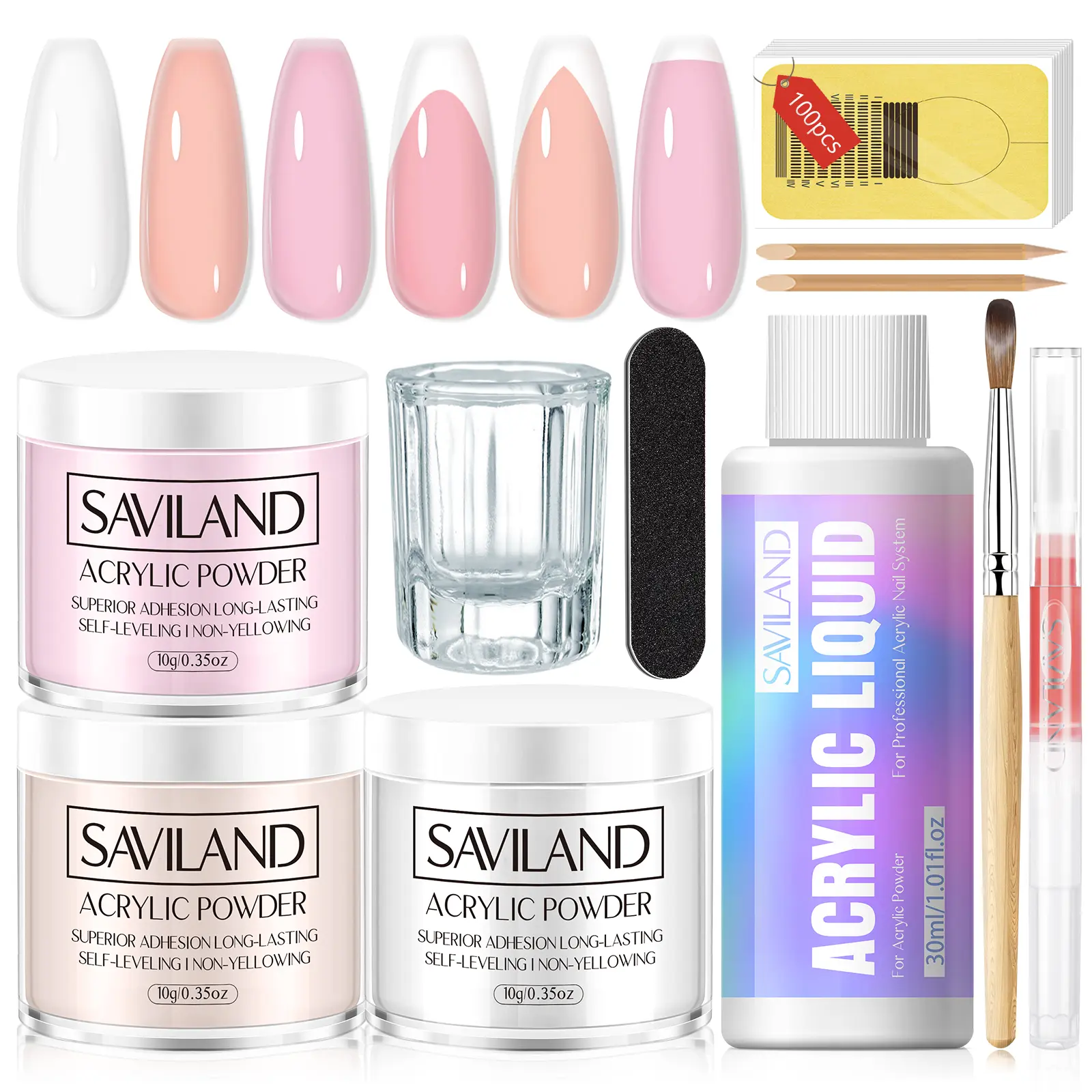 Saviland Acrylic Nail Kit French Sculpture Set: Clear Nude Pink Acrylic Powder Liquid Acrylic Nail Brush Cuticle Oil for Professional DIY Nail Care