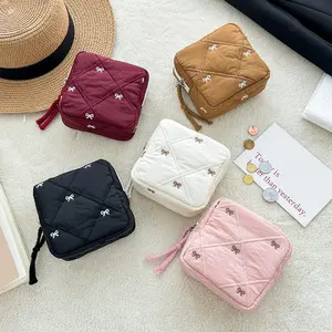 Quilted Bow Cosmetic Bag, Travel Portable Toiletry Bag, Lipstick Pouch, Makeup Organizer Pouch, Makeup Storage Bag, Sanitary Pad & Menstrual Pad Organizer Pouch